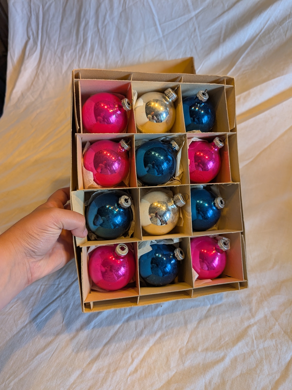 2/60$ Vintage Pink Blue Gold Glass Holiday Ornaments - Boxed Set
